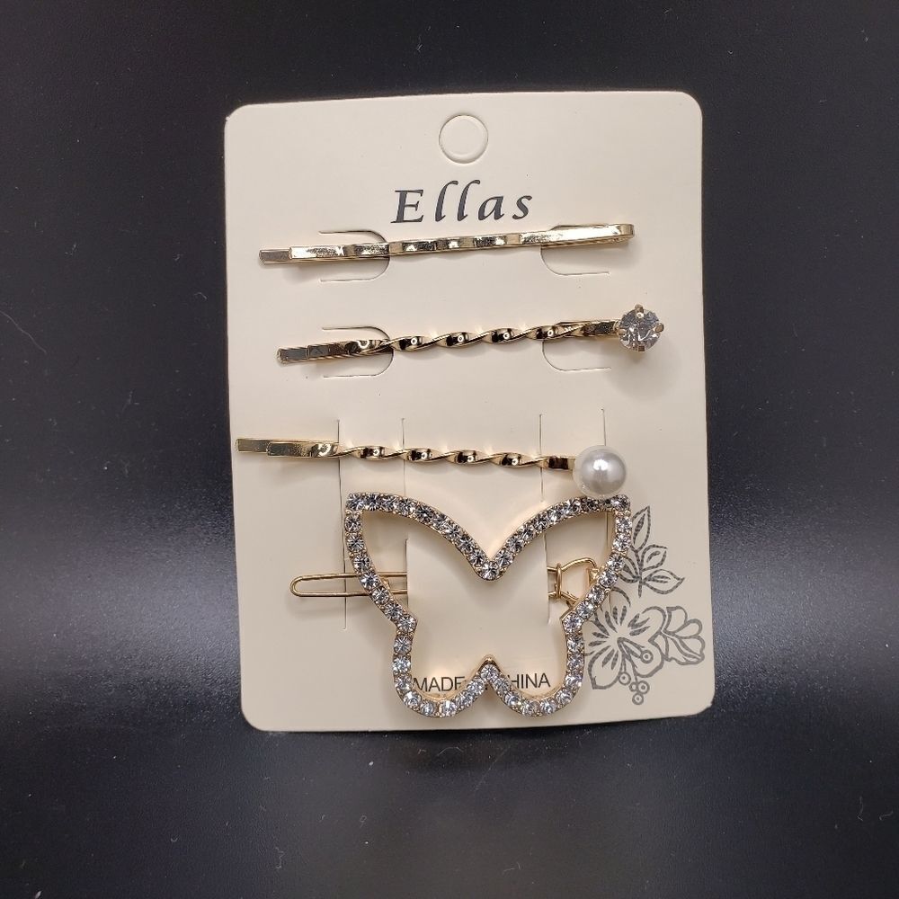 Gold Butterfly rhinestone pearl hair pins